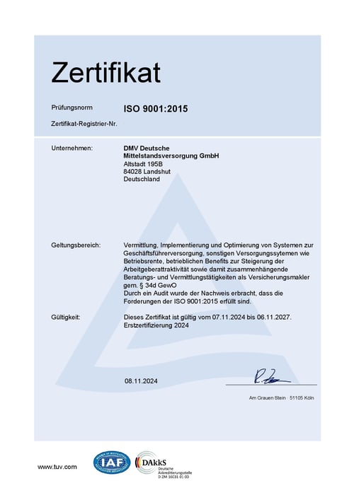 ISO-9001-Zertifikat eines begleiteten Unternehmens