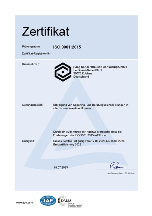 ISO-9001-Zertifikat eines begleiteten Unternehmens